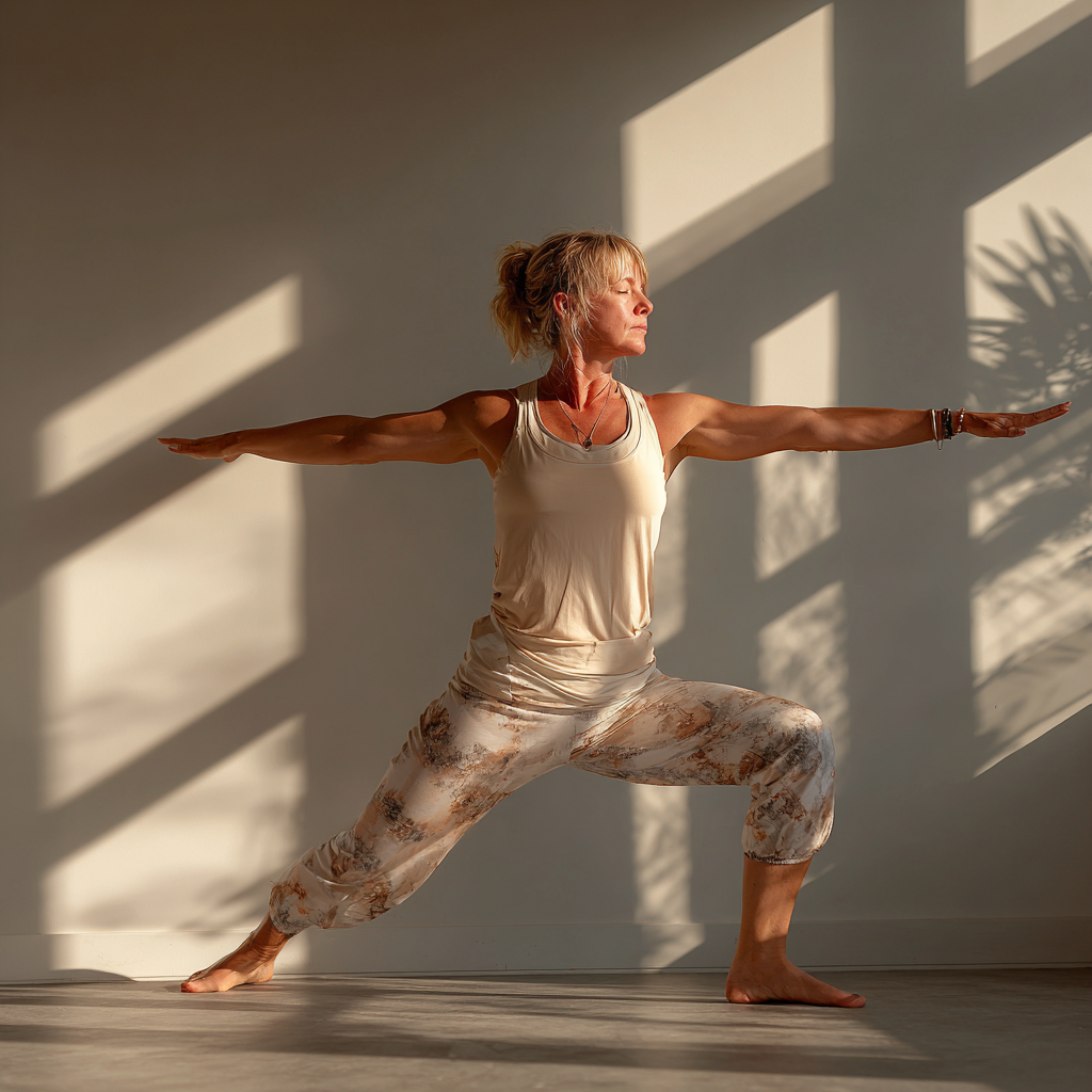 Жінка 52 років виконує плавні рухи віньяса-йоги у світлій студії, демонструючи грацію та силу