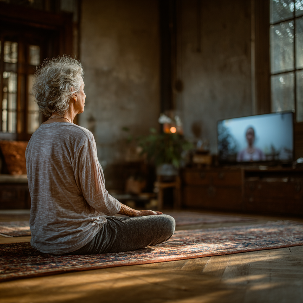 Жінка 55 років займається йогою вдома перед екраном ноутбука, слідуючи онлайн-уроку