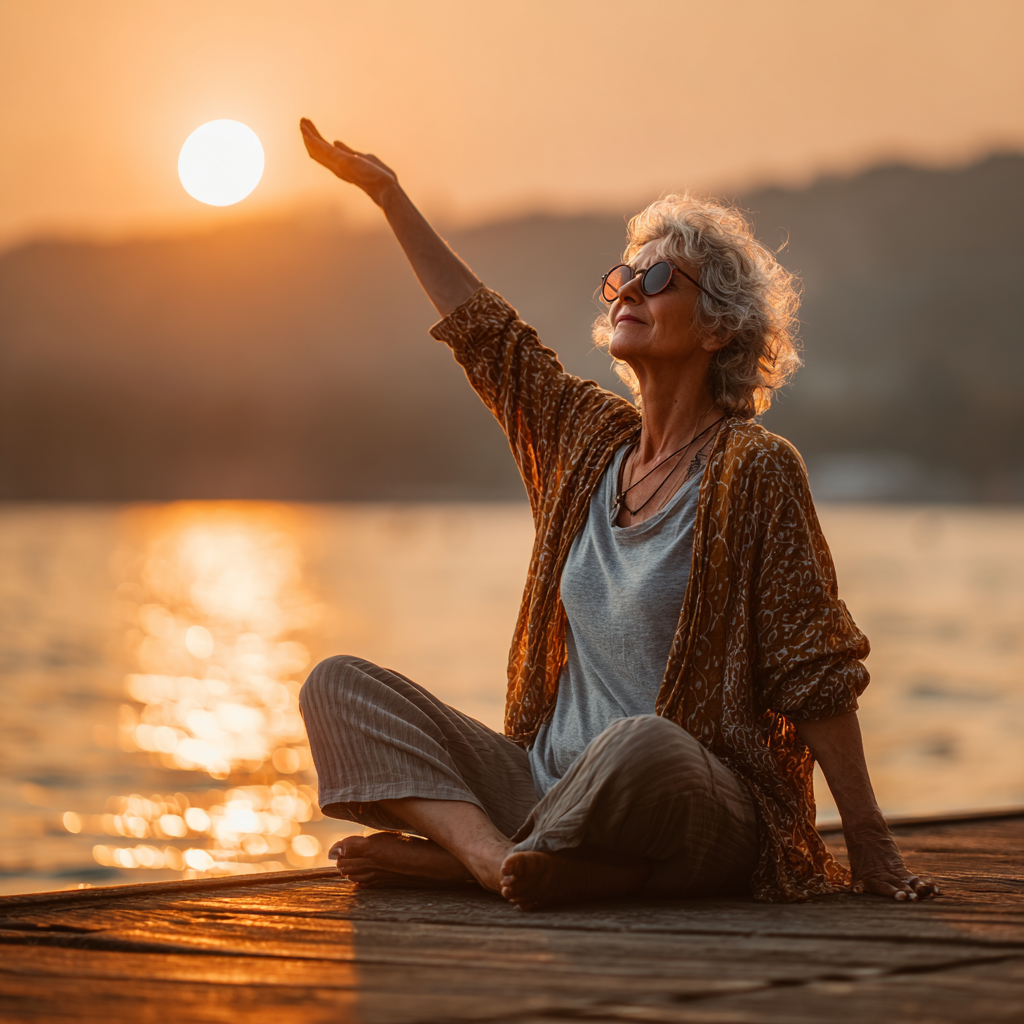 Жінка віком 55 років виконує асану йоги на заході сонця, демонструючи гнучкість та спокій