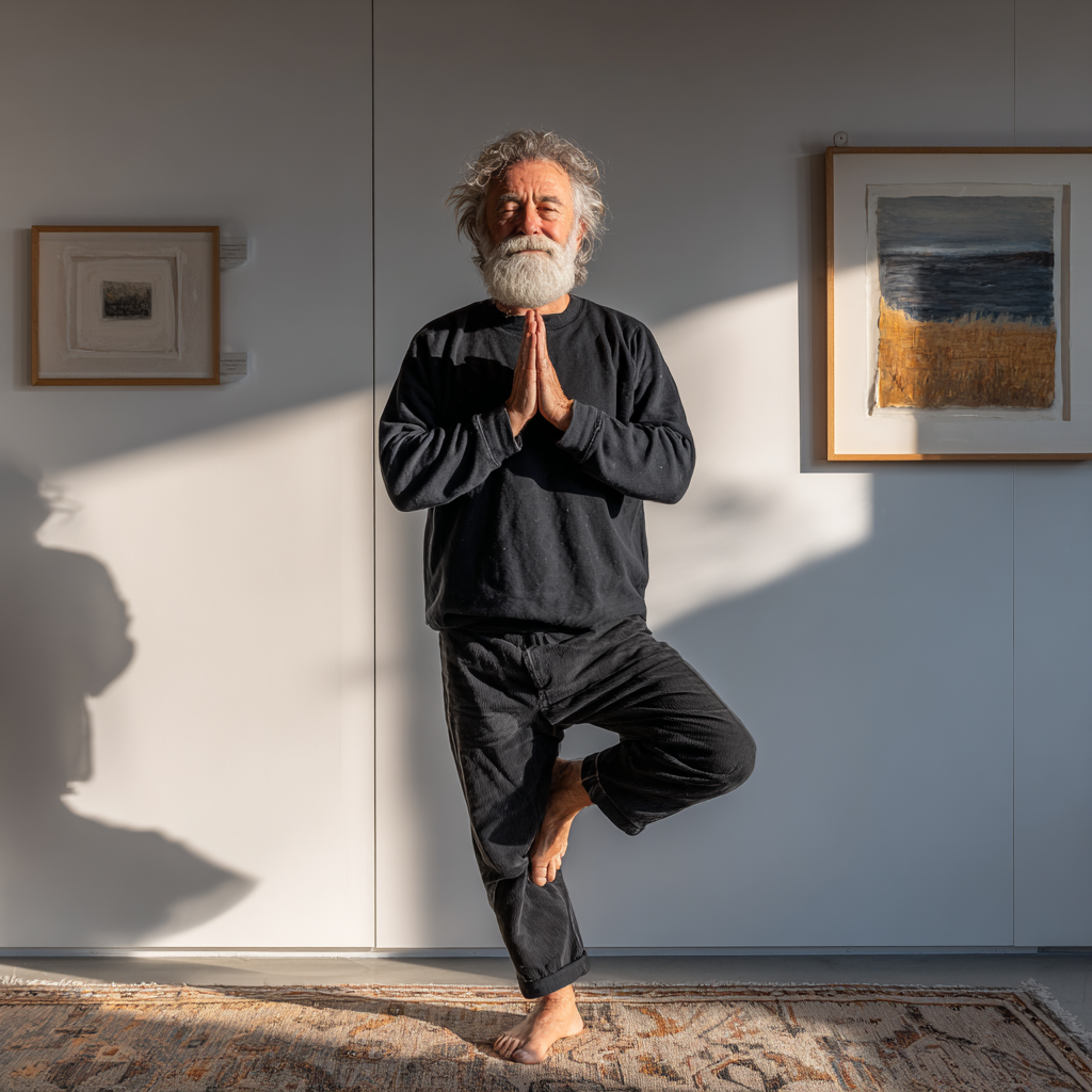 Чоловік у віці 58 років виконує позу дерева в хатха-йозі, демонструючи баланс та зосередженість